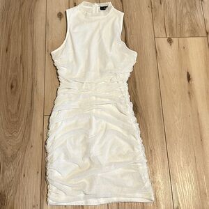 Lulus Modern Movement White Mesh Ruched Mock Neck Mini Dress